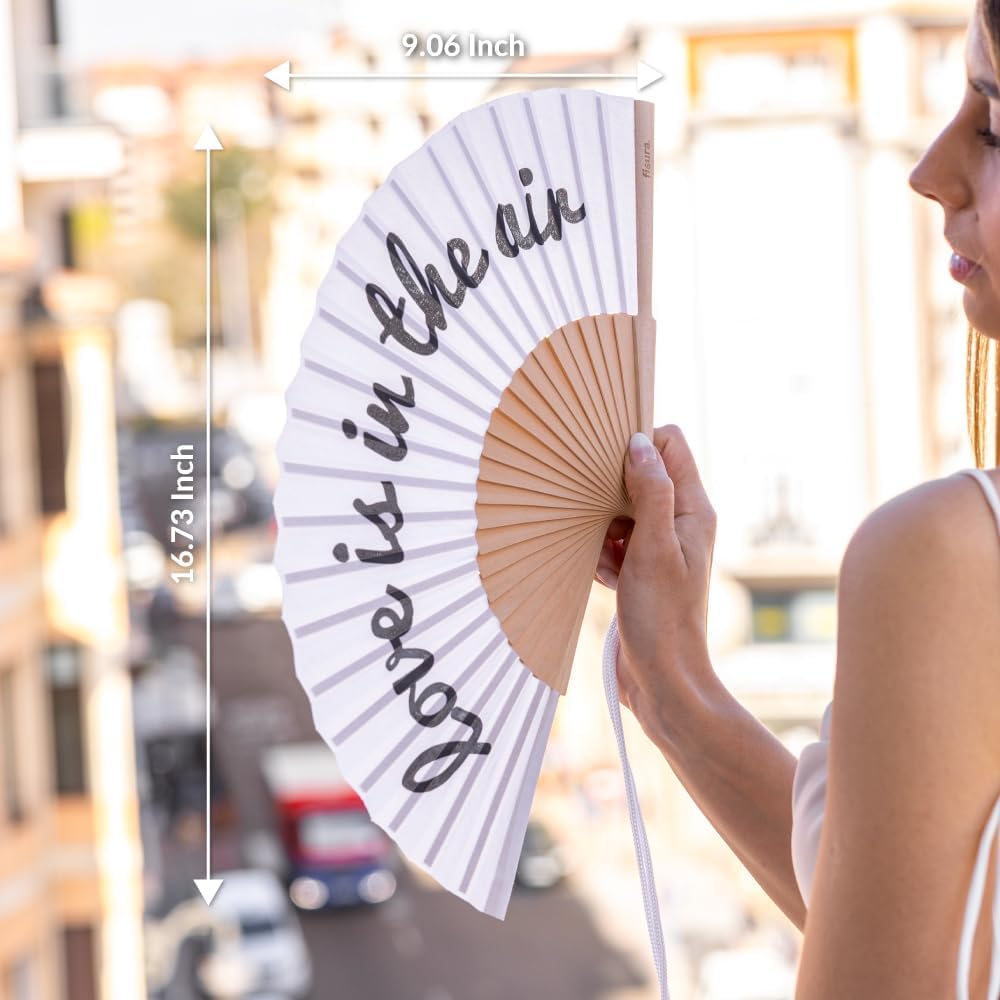 Fisura – Original white folding fan with message Love is in the air, wooden handheld fan for women, includes hanger, perfect for wedding, party, travel or romantic gift image 5