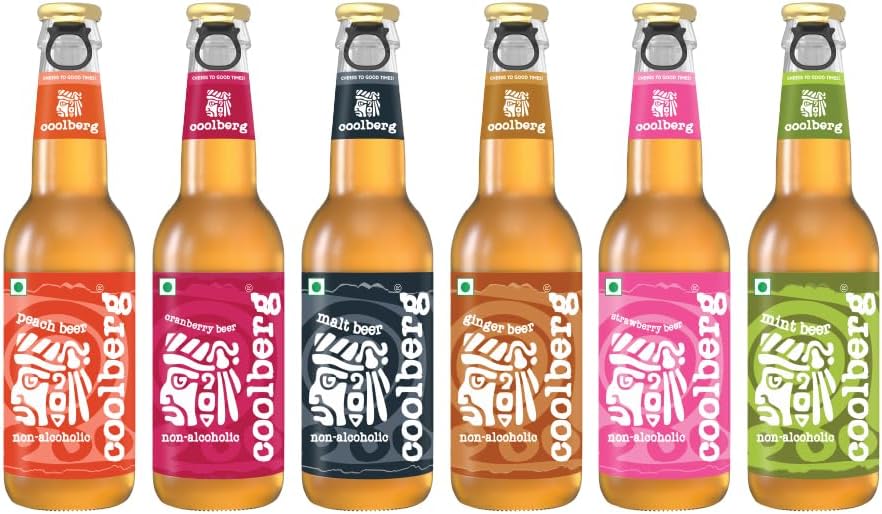 Coolberg Non Alcoholic Beer Assorted Flavors 330ml Glass Bottle - Pack of 6 (330ml x 6) Peach, Mint, Malt, Cranberry, Ginger & Strawberry