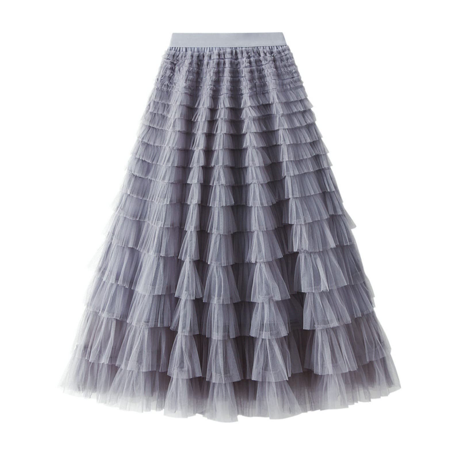 A-Line, Gonna a Pieghe, Gonna Lunga Tutu, Increspature Mesh, Vintage, Lunghezza polpaccio, Chiffon, Vita alta, Gonna a bolle con fibbie