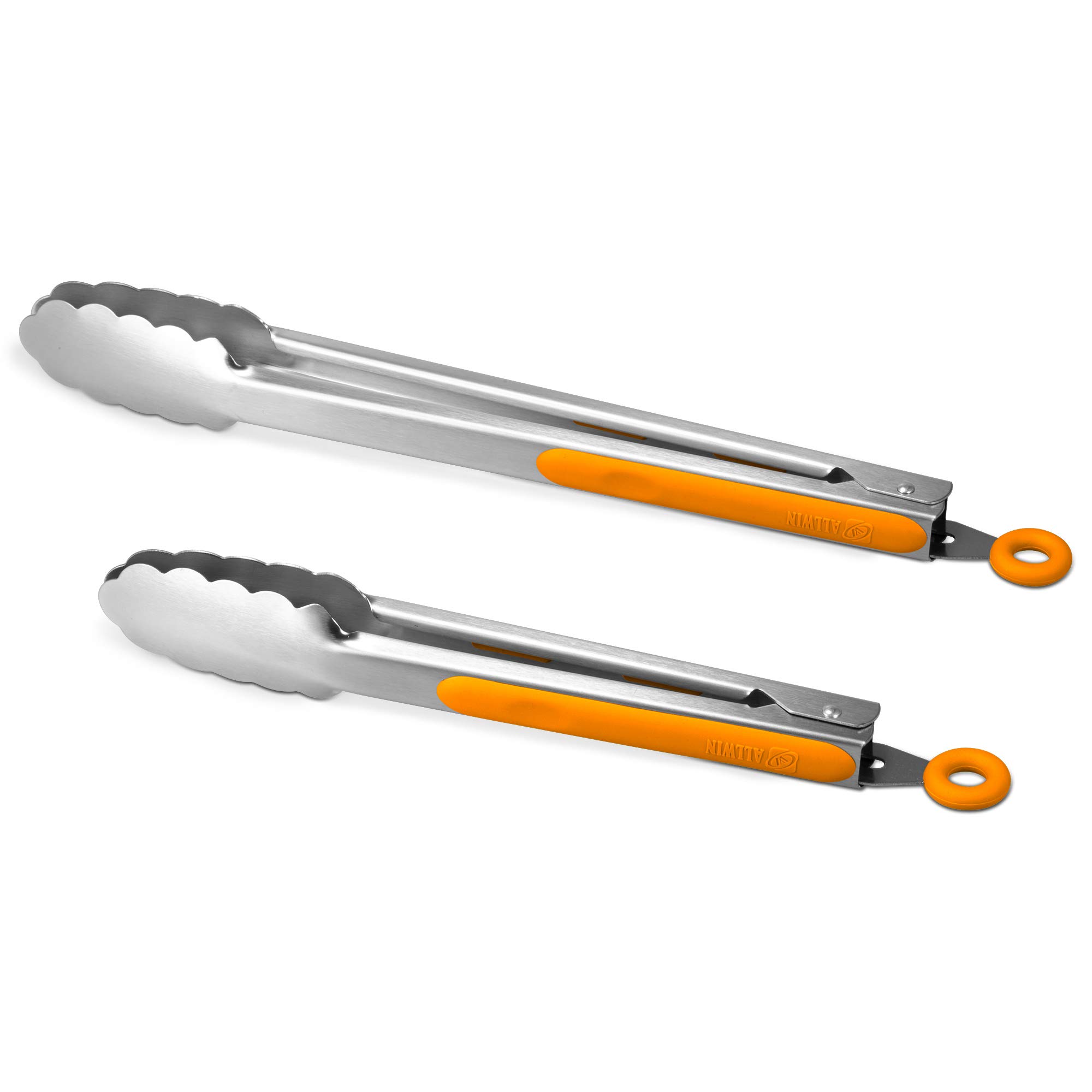 Photo 1 of 304 Stainless Steel Kitchen Cooking Tongs, 9" and 12" Set of 2 Sturdy Grilling Barbeque Brushed Locking Food Tongs with Ergonomic Grip, Orange 9" & 12" Orange