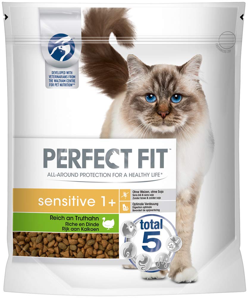 Perfect Fit Sensitive 1+ – Trockenfutter für erwachsene, sensible Katzen ab 1 Jahr – Reich an Truthahn – Ohne Weizen und Soja – Unterstützt die Verdauung – 4 x 1.4 kg