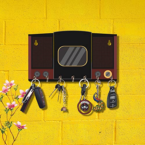 Webelkart Premium HD UV Printed Retro Speaker Shaped Keys Wooden Key Holder (12 Inch x 7 Inch, Wood, Multicolor)- 7 Hooks