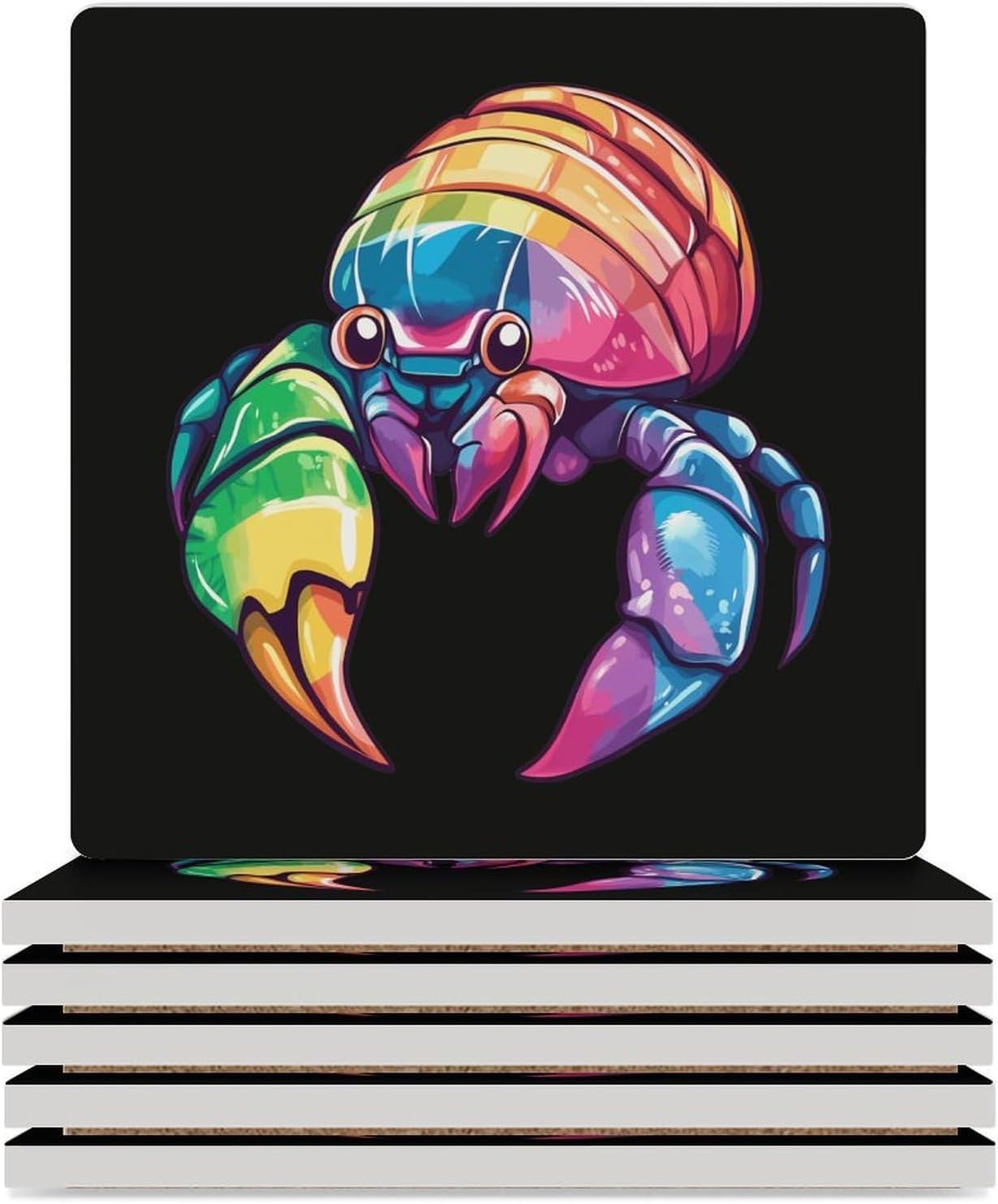 Pet Hermit Crab Colorful Coasters for Drinks Square Table Coasters Set Cup Mats with Cork Base