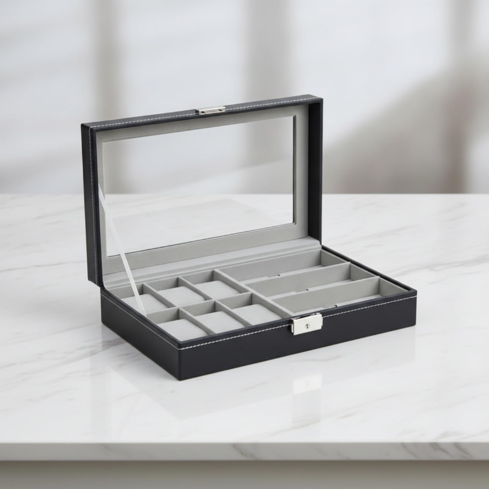 Caja Relojes Multifuncional Organizador Relojes Transparente Estuche para Dormitorio, Negro 6+3 Interior Amarillo