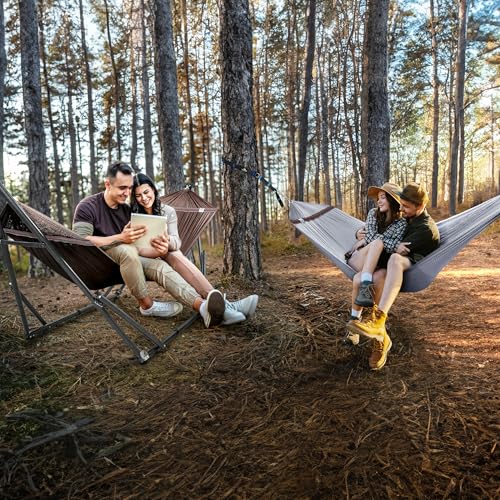 Image of Tranquillo Combo x2 Hammocks with Stand for Outside & Tree Straps, Heavy Duty Hammock with Stand 600lbs for Indoor Outdoor Patio Backyard, x2 Hammocks for 2 Person (Combo - Brown, Medium)