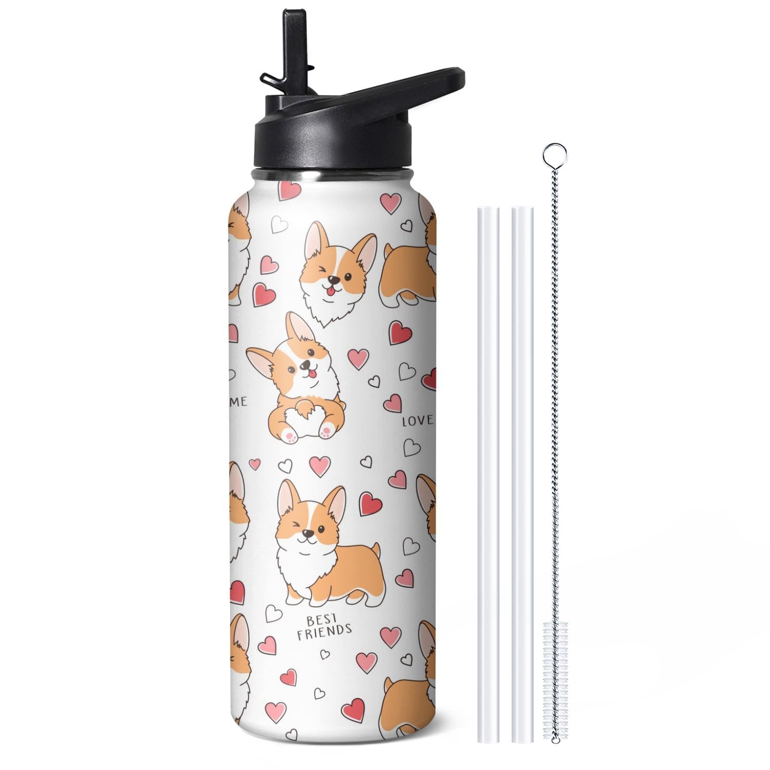 40oz Cute Corgi Water Bottle with Handle and Flip Straw, Dog Sports Stainless Steel Insulated Cup, Travel Coffee Mug Tumbler, Birthday Mothers Day Chritmas Gifts for Women Animal Lovers
