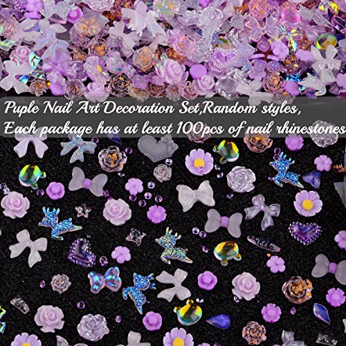 Umillars 3D Purple Nail Art Charms Rhinestones Kit,Acrylic Camellia Rose Flower Butterfly Bowknot Crown Heart Charms With Micro Glass Sand Rhinestones Beads For Nail Art Designs Diy Accessories Craft #TOP3