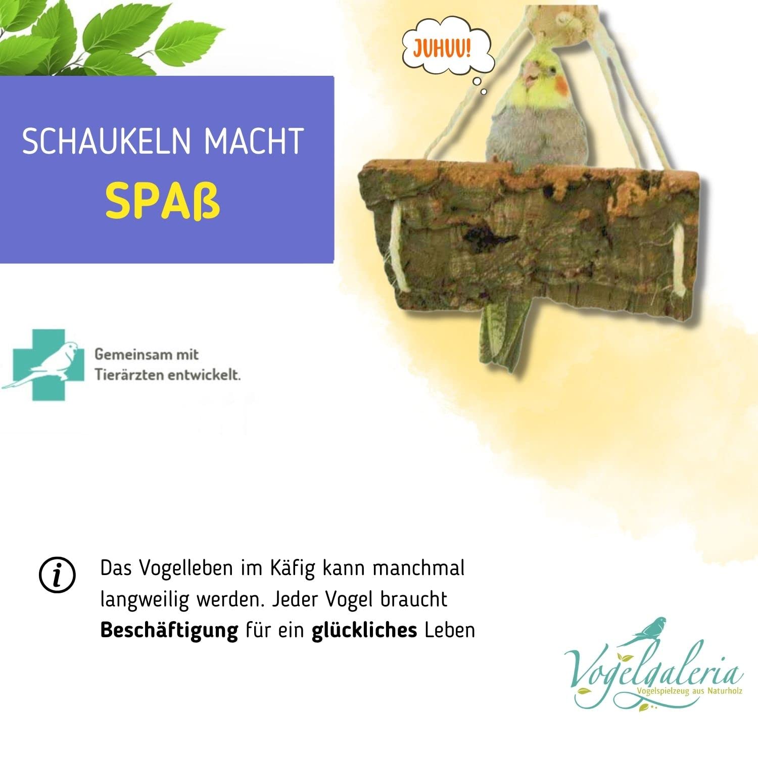 Vogelgaleria® Spannende Korkschaukel M, Vogelschaukel, Sitzbrett und Pickstein zugleich