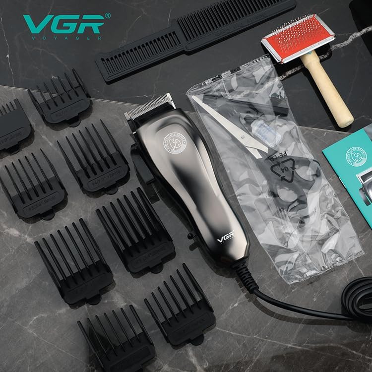 Image of VGR V-206 Professional Pet Hair Clipper for Dogs & Cats | Low Noise, Corded Grooming Kit with Adjustable Blades & 8 Guide Combs for Long & Short Hair | Best Dog & Cat Trimmer - Silver