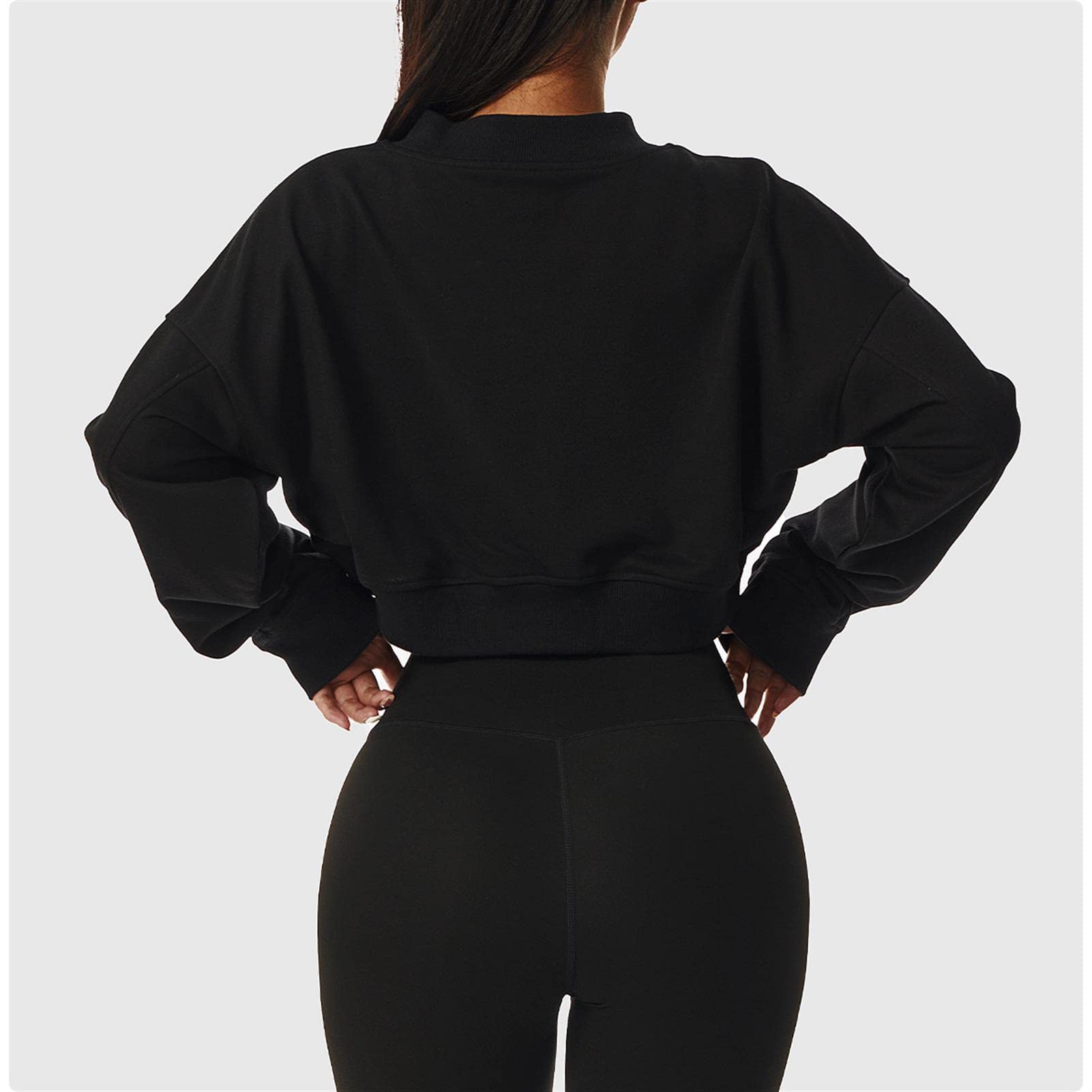 Damska luźna bluza sportowa z długim rękawem dekolt w serek sweter na co dzień topy crop trening gorset kurtka outdoorowa odzież fitness, czarna, 8/S