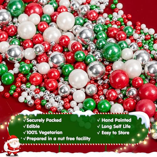 Image of Edible Christmas Sprinkles Pearls for Cake Decorating,130g Red Green White and Silver Pearl Mixed,Edible Sugar Holiday sprinkle for Cupcake Toppers, Cookie, Ice Cream Decorations Christmas Party