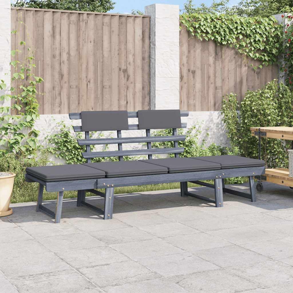 Banco de jardín de madera de acacia 2 en 1, 190 cm, gris, con cojines, banco plegable con laterales ajustables y fundas de almohada extraíbles