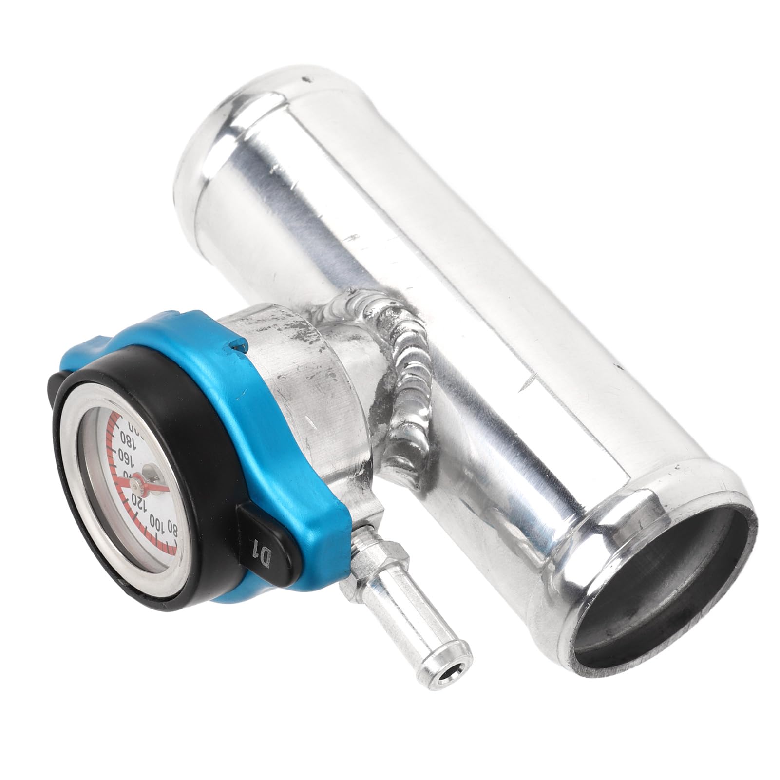 Tapón de llenado en línea para radiador de 38 mm, con diámetro exterior de 1-1/2 pulgadas y tapa con indicador de temperatura; fabricado en aluminio T6061 con superficie pulida;