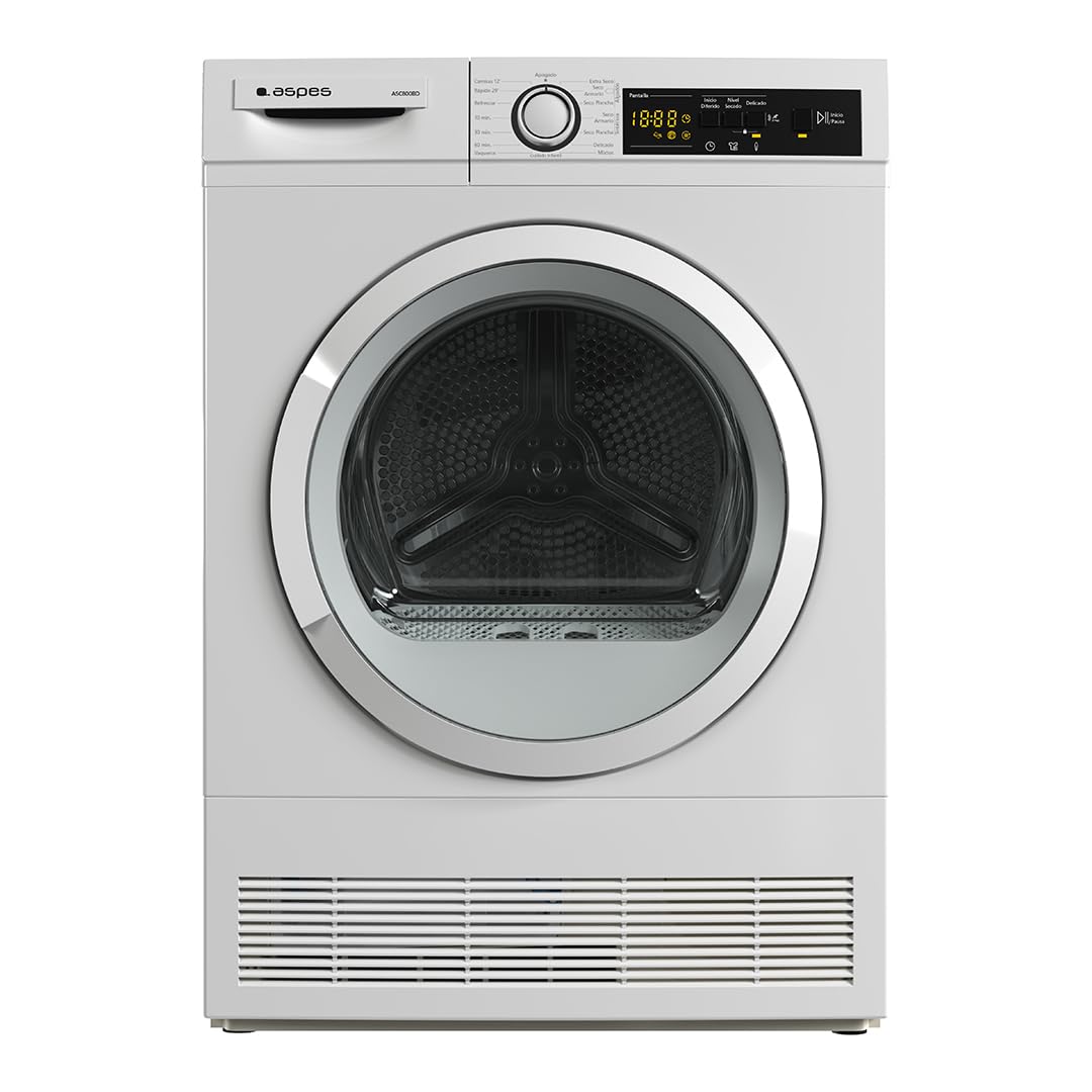 Aspes Secadora de Condensación 8Kg Carga Frontal Blanco ASC800BD. 2700W, 15 Programas, Función Antiarrugas, Función Antiarrugas, Display LED manual, Eficiencia Energética Clase B