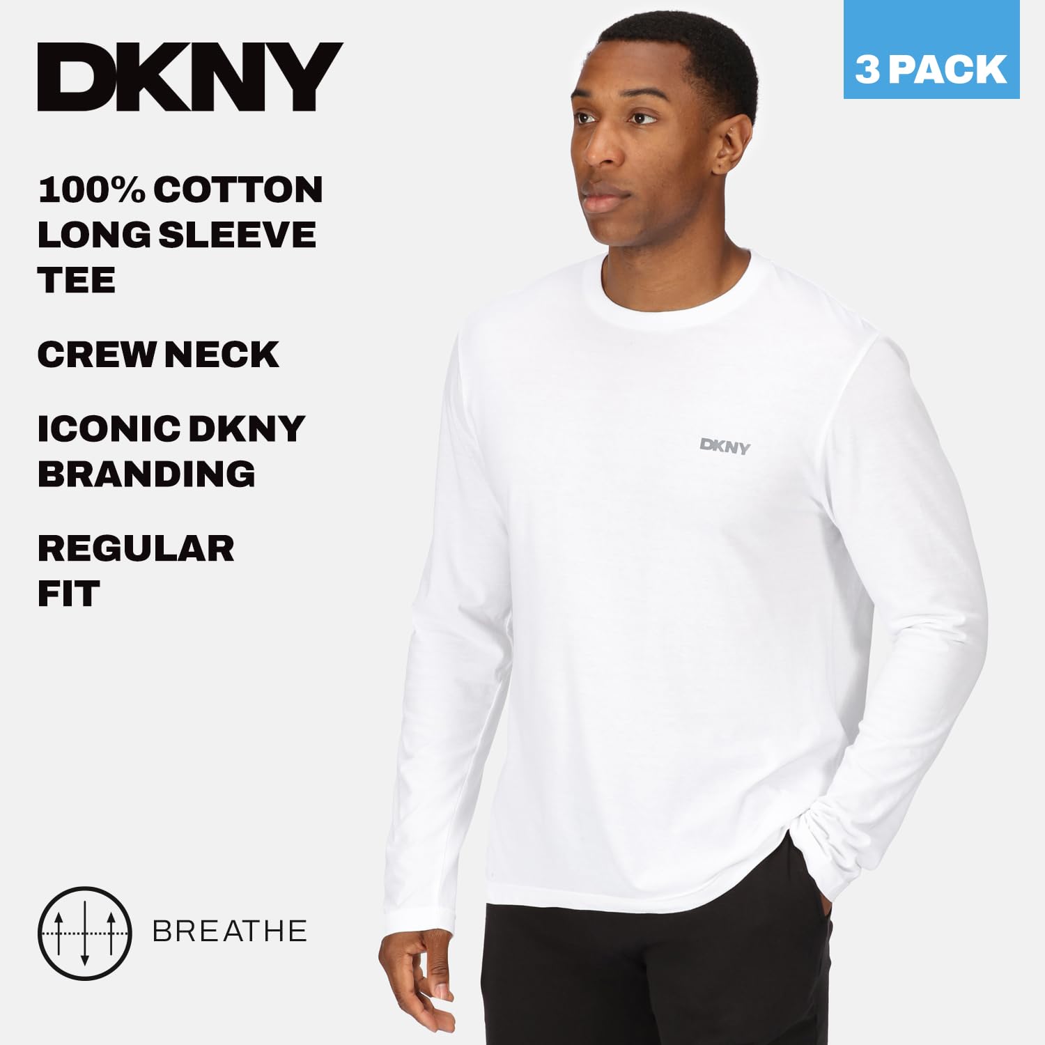 DKNY Męski top z długim rękawem Slim Fit w kolorze granatowym/grafitowym/czarnym z okrągłym dekoltem i markowym logo, 100% bawełna, super miękka i wygodna odzież domowa