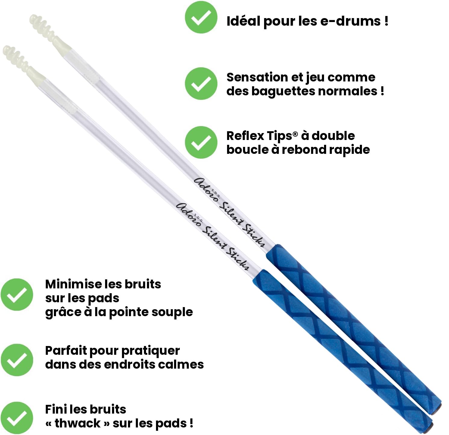 Adoro Silent e-Sticks Blue – Baguettes silencieuses pour batterie électrique et pad de batterie – Le bâton silencieux réduit les bruits de contact forts et protège les coussinets en même temps –