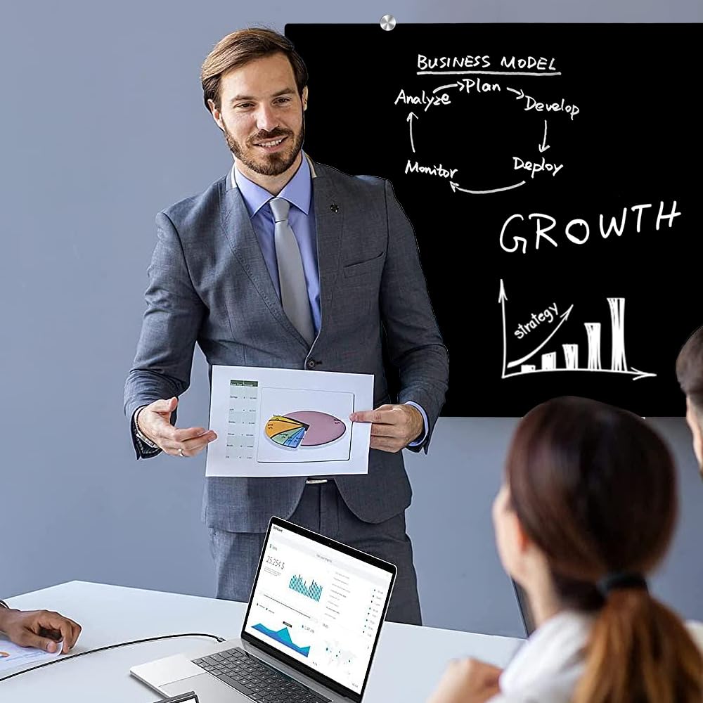 XIWODE Magnettafel Glas 90x120 Schwarz - Hochwertiges Rahmenloses Whiteboard, Abwischbare Glas-Pinnwand Große mit Zubehör (4 Marker, 2 Magnete, Schwamm) für Büro & Zuhause