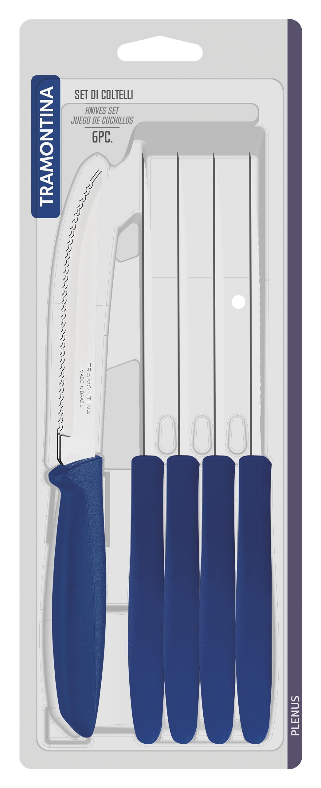 Tramontina, Set Coltelli Bistecca Seghettati 6pz, Colore Blu, Acciaio Inossidabile, Lavabili in Lavastoviglie