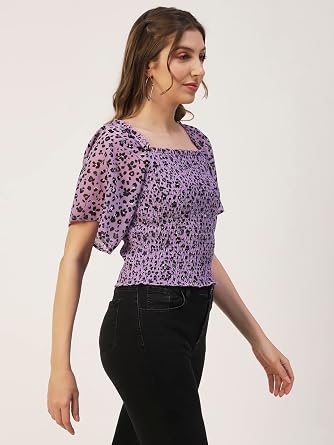 Moomaya Printed Flotter Sleeves Top for Women, Short Sleeve Smocked Crop Top