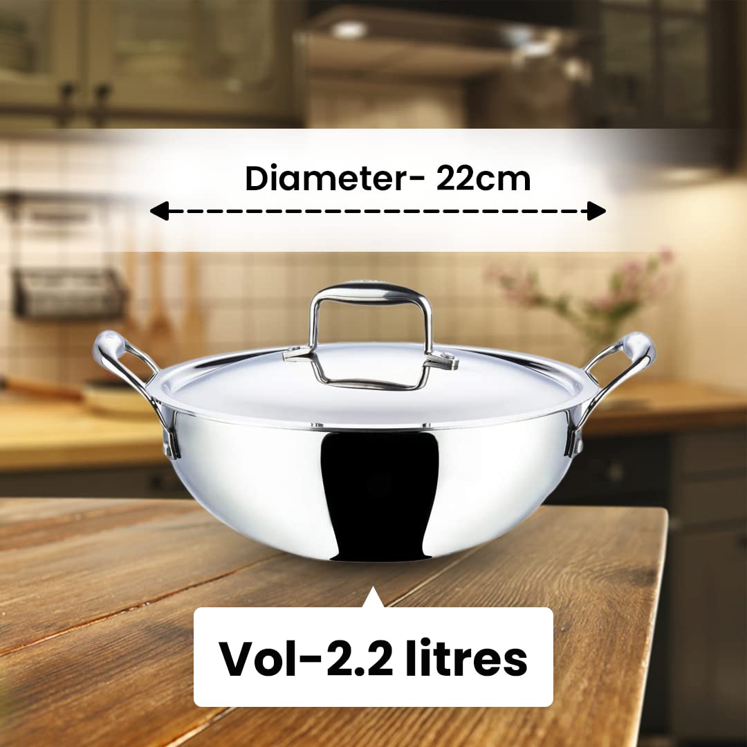 Kuber Industries Stainless Steel Kadhai with lid & Set of 3 Stainless Steel Kitchen Containers Set I Tri-ply Kadai Induction Base I Kadai 2.2 litres & 3 Assorted Storage Canisters 1