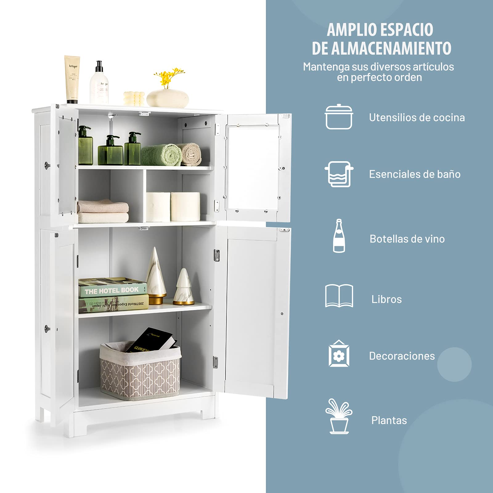 COSTWAY Armario del Baño con 4 Puertas, Armario con Puertas de Vidrio, Despenda de Madera para Cocina con Repisas Regulables, Organizador Multiuso para Casa Salón Oficina