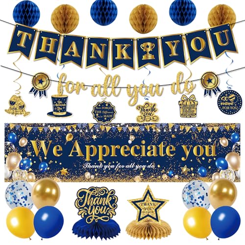 Roetyce We Appreciate You Party Decorations Men Women, Blue Gold Thank You For All You Do Banner Yard Sign Balloons Hanging Swirls, Thanks to Teacher Staff Employee, Fun Appreciation Party Supplies