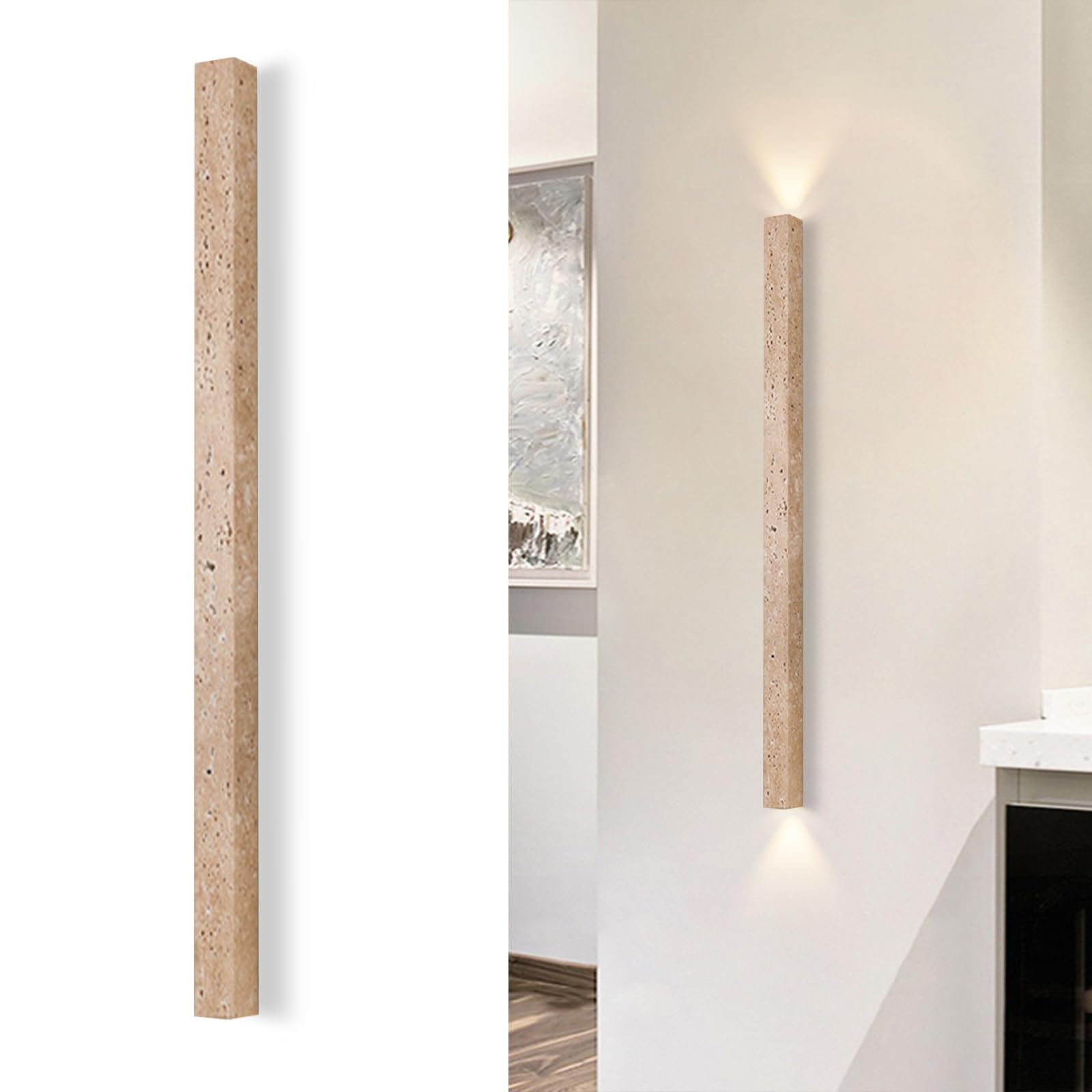 SXWNBIFH Natural Travertine Long Strip Wall Sconce, Minimalist Linear Wall Lamp, Up-Down Ambient Lighting, Wabi-Sabi Stone Wall Light for Hallway Staircase Living Room Bedroom(90cm)