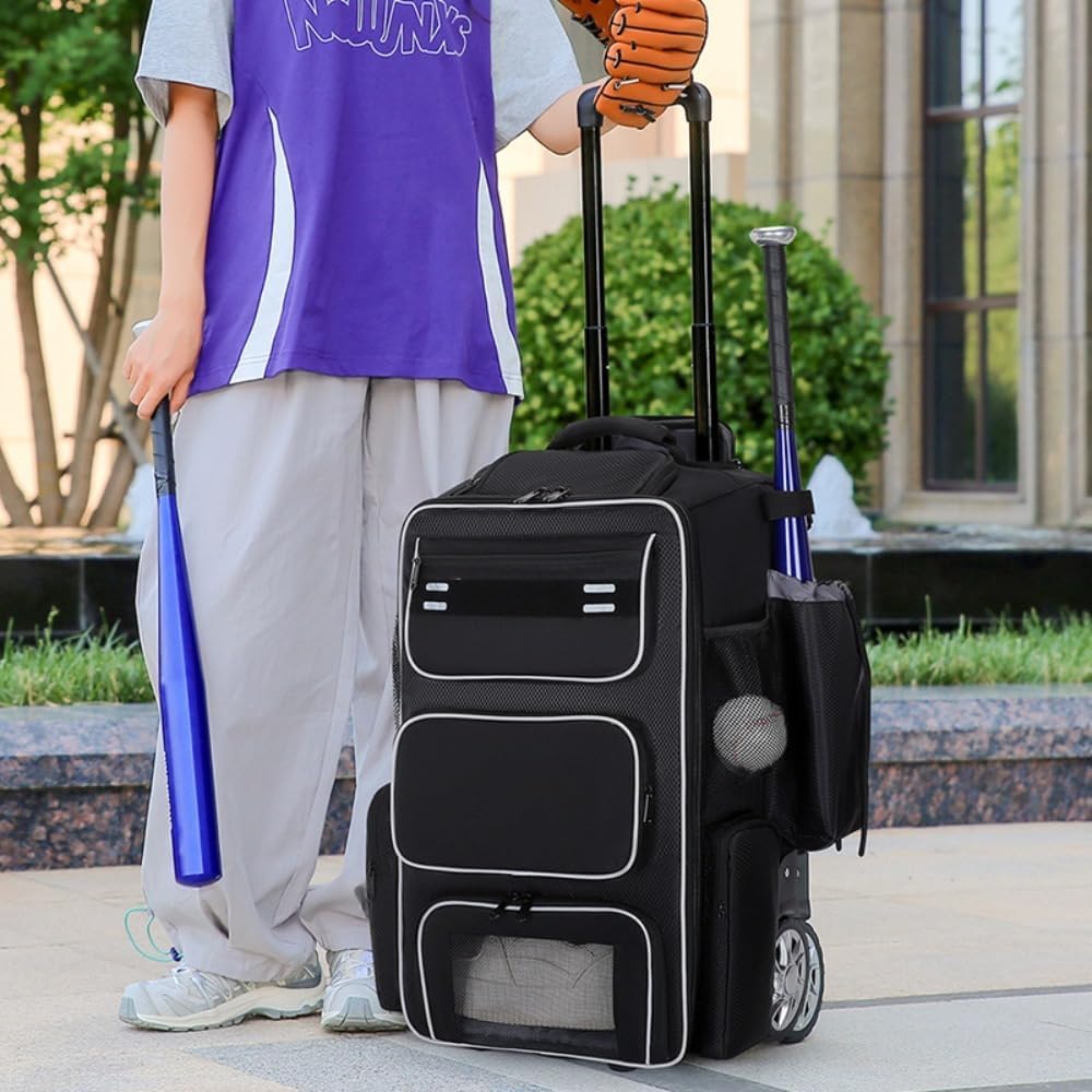 Eiuuioj野球とソフトボールのトロリーバッグ、スポーツ用具収納バッグ、大容量、多機能、防水野球スーツケース