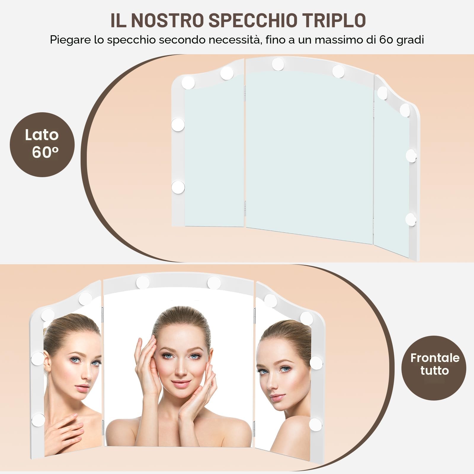 FIONESO Postazione Trucco con 10 Luci LED, 3 Colori Regolabili, 3 Specchietti Ripiegabili, Toeletta Trucco con 2 USB e 2 Prese, 3 Cassetti e 2 Armadi, Bianco