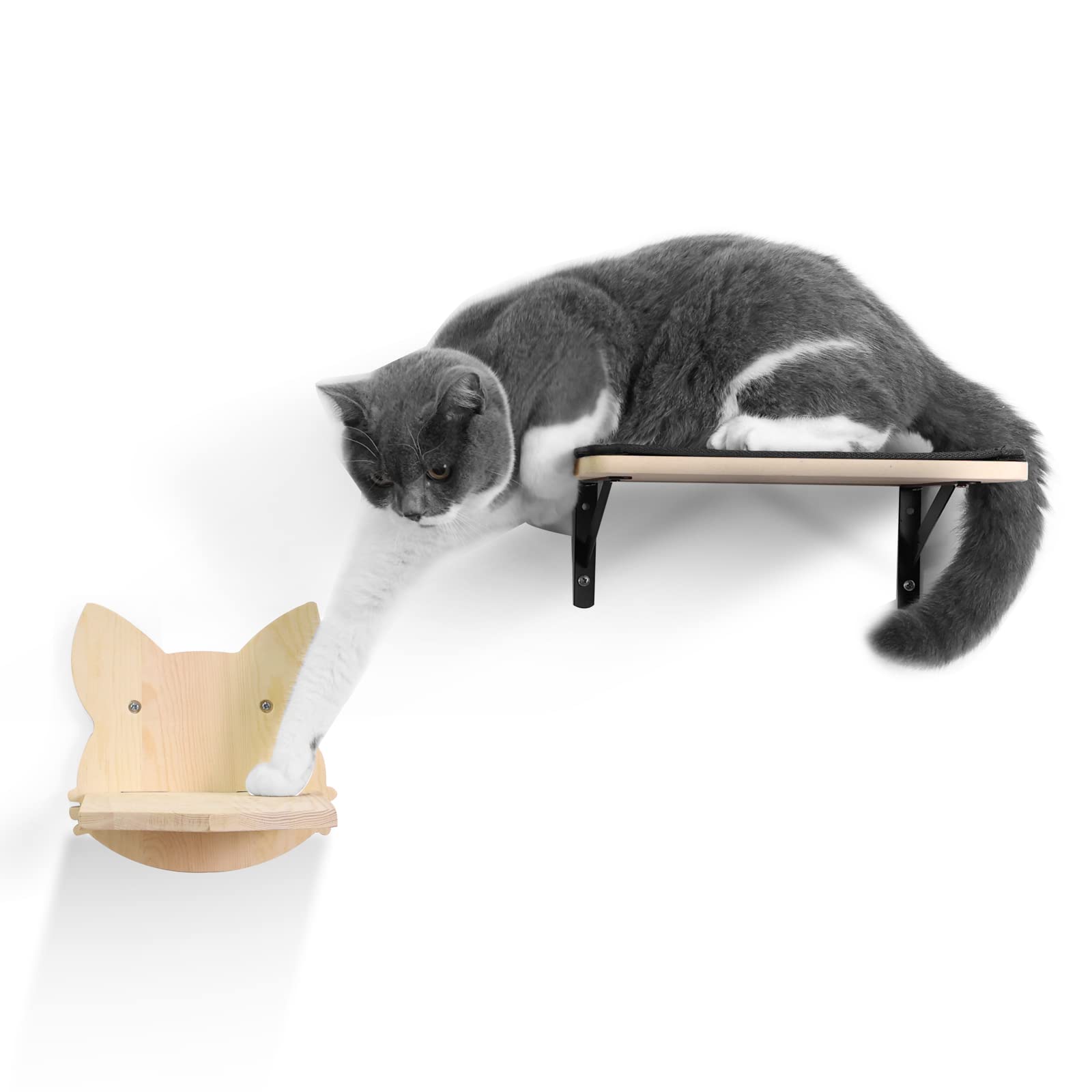 Floating Wall Shelf with Cat Scratching Mat, Solid Rubber Wood Hanging Shelves, Cat Hammock Wall Mounted Cat Shelf with Two Steps for Sleeping, Playing, Climbing, and Lounging 4