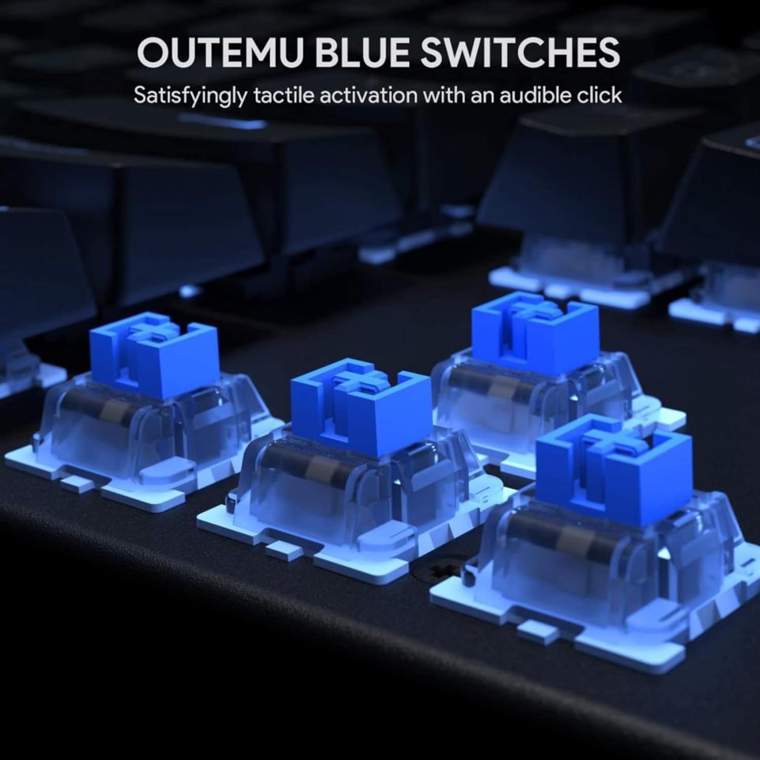 క్లోజ్-అప్ view of Outemu Blue mechanical switches.