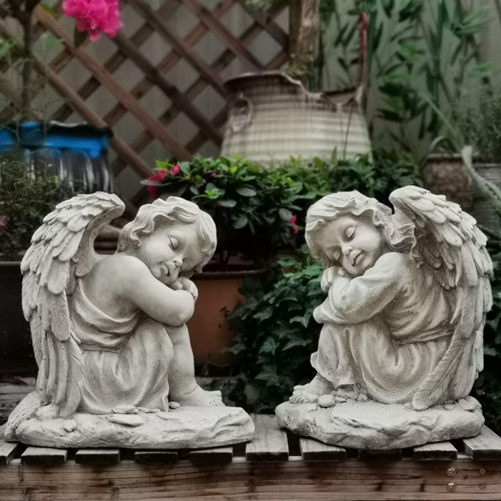 Figurka ogrodowa małej dziewczynki na rzeźbie anioła, serce, pamiątkowy prezent, statuetka anioła ze skrzydłami do domu, trawnika lub ogrodu (kolor: B-lewa)