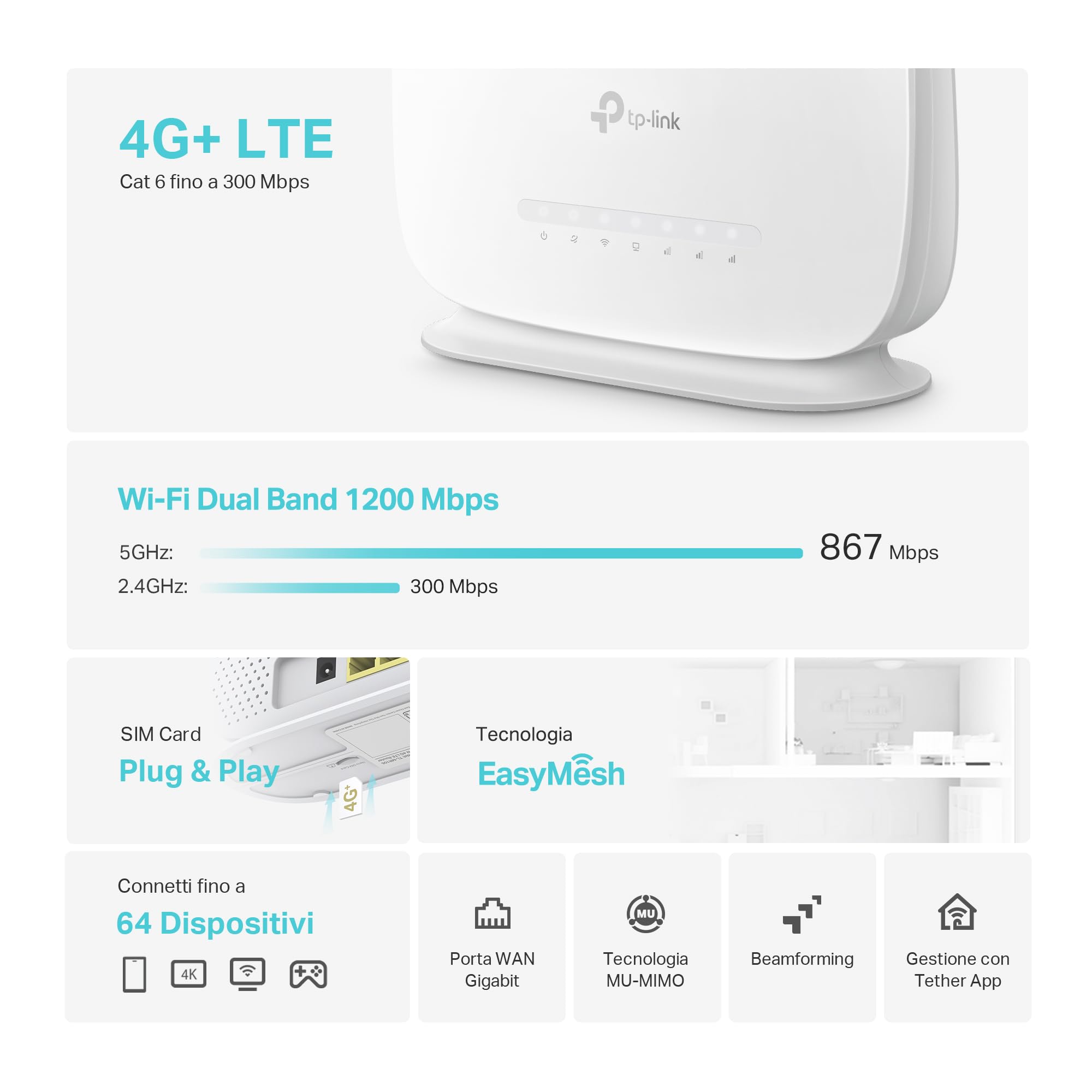 TP-Link Archer MR505 Router 4G+ Cat6 fino a 300Mbps, Wi-Fi Dual Band AC1200Mbps, Porte Gigabit LAN/WAN, Router WiFi con SIM, SIM Card Plug&Play, Tecnologia EasyMesh, Beamforming e MU-MIMO, APP Tether