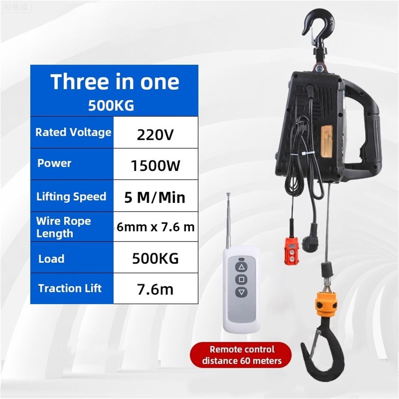 Mini Paranco Elettrico Portatile 220 V, Macchina Di Sollevamento Telecomandata, Micro Verricello Resistente, Piccola Gru(Black 500kg Load)