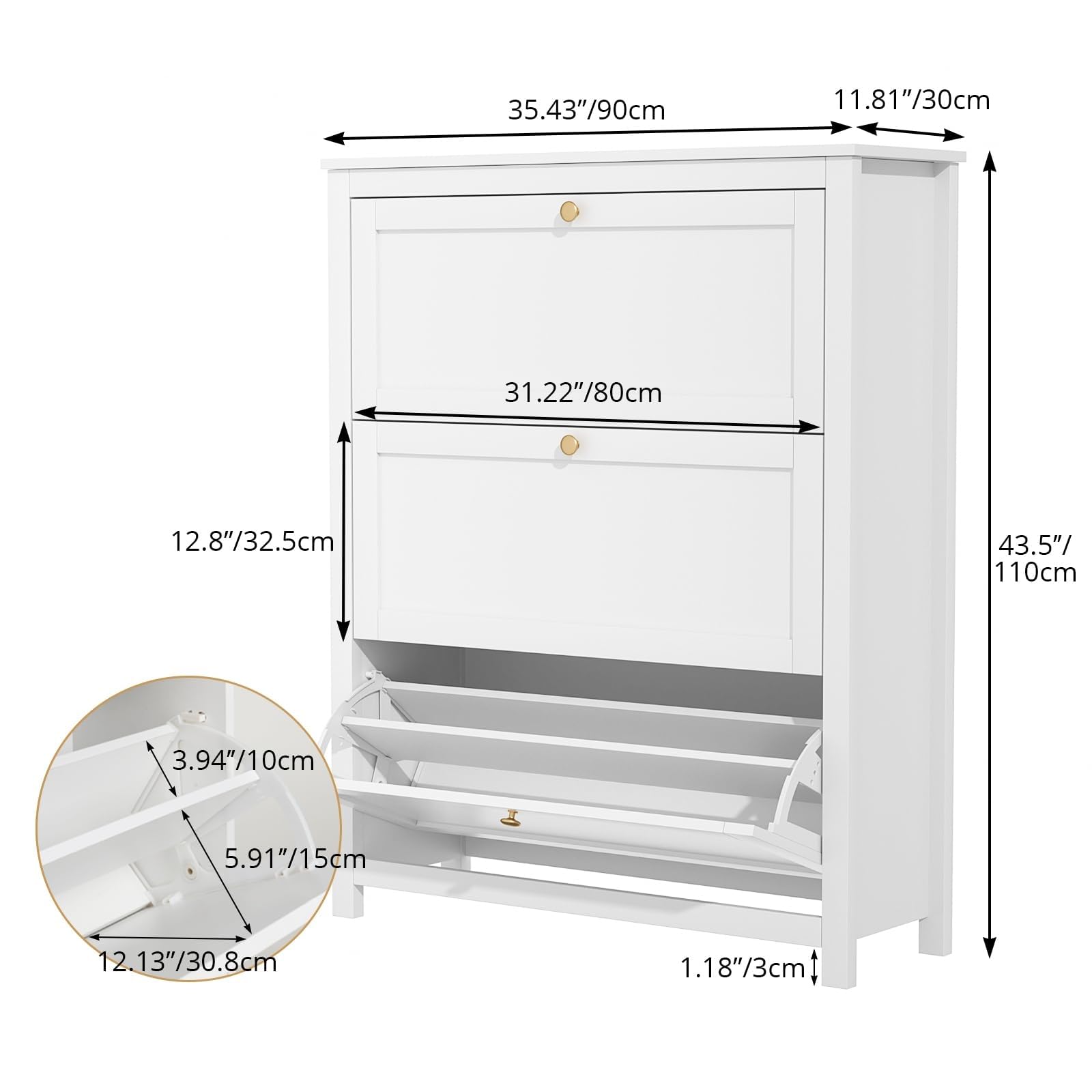 VOWNER 90cm Largo Zapatero 3 Puertas, Mueble Zapatero Estrecho Blanco, Zapatero Estrecho Entrada Recibidor, Blanco, Madera, para Entrada Estrecha, Pasillo, 90 x 30 x 110 cm,
