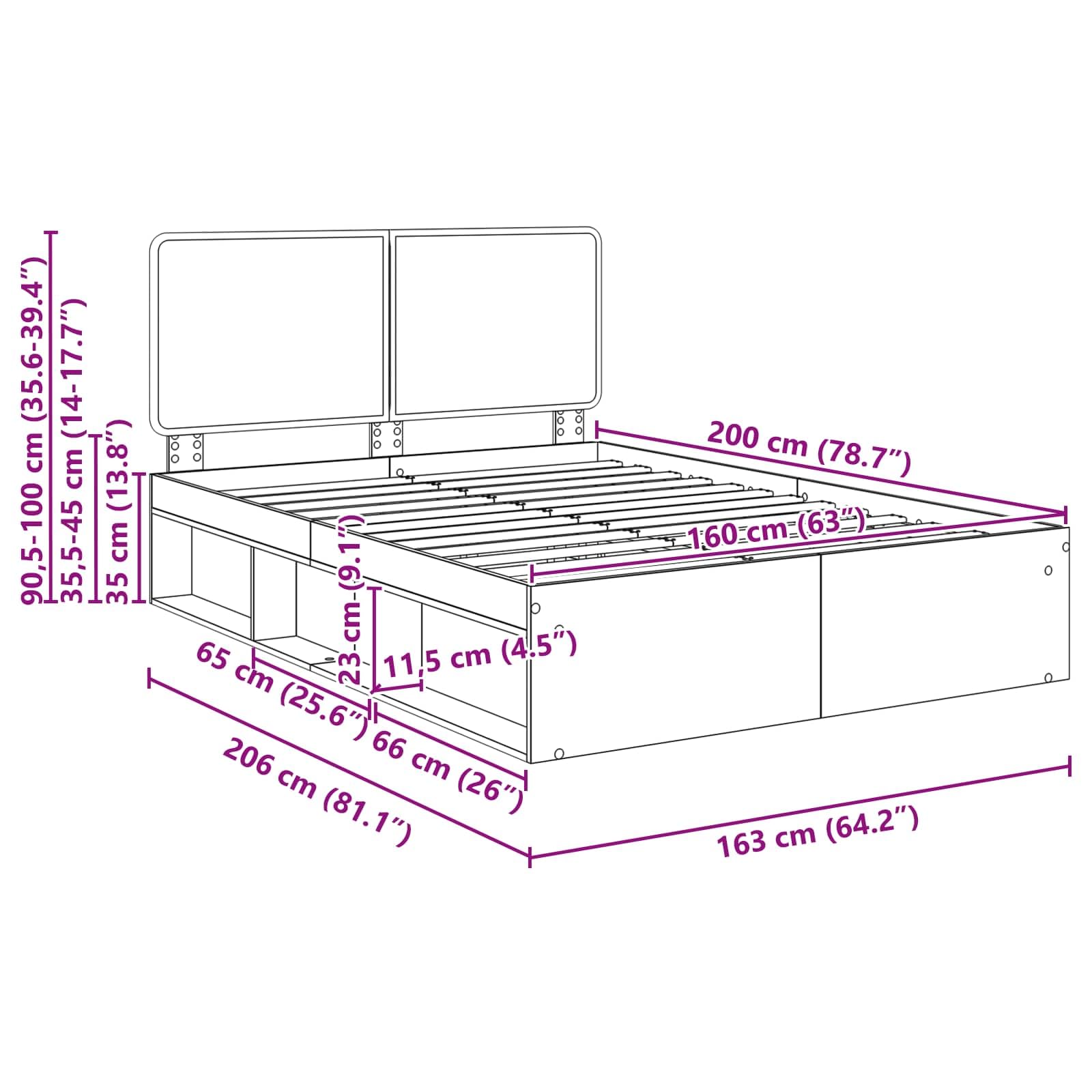 Cadre de lit avec tête de lit en béton - 160 x 200 cm - Cadre de lit en pin massif avec sommier à lattes pour lit King Size - Durable et stable - Convient pour 2 personnes - Meuble de