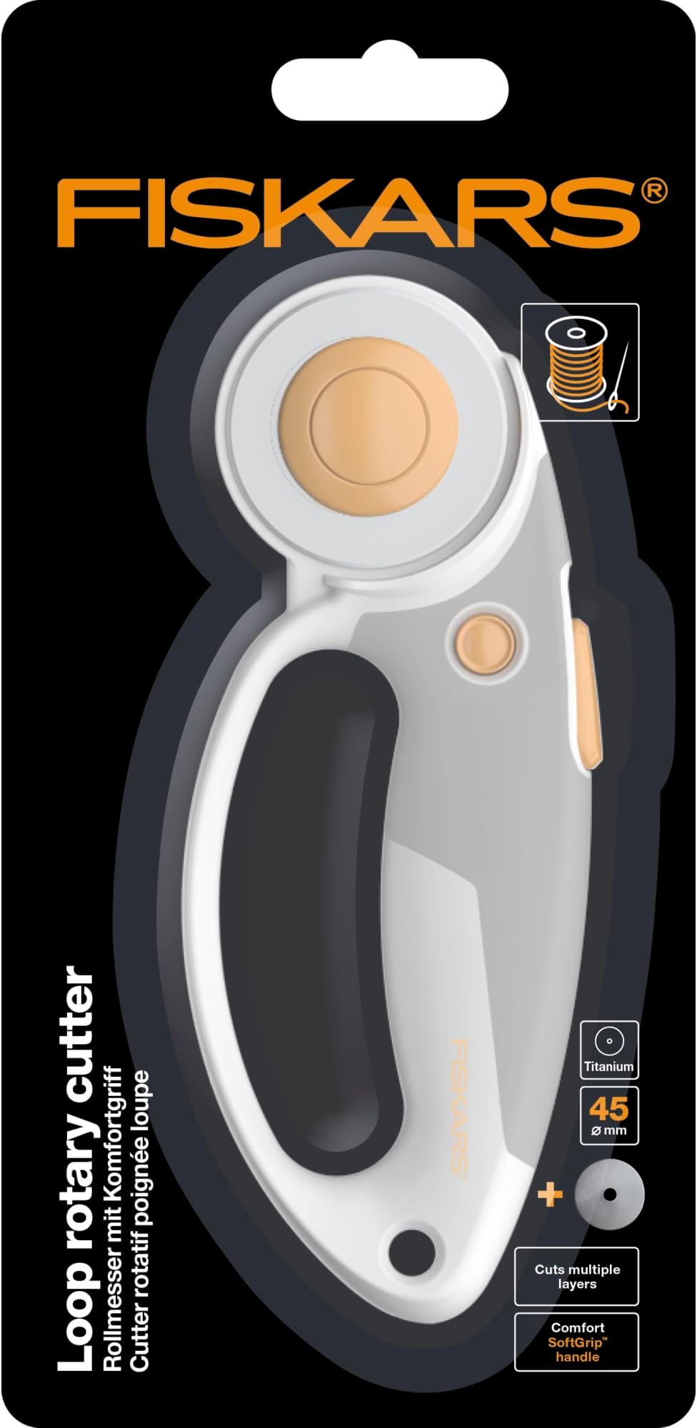 Fiskars titanium rotary cutter, rotary blade with loop handle, right and left-handed, blade diameter: 45 mm, orange/white/grey, 1066047