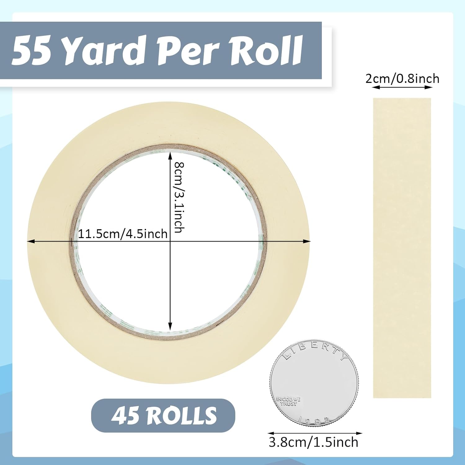 Fainne Masking Tape Bulk General Purpose Masking Painting Tape 55 Yards for Painting Home Office School Stationery Arts Crafts Basic Use, Easy Removal(45 Rolls,0.8 Inch)