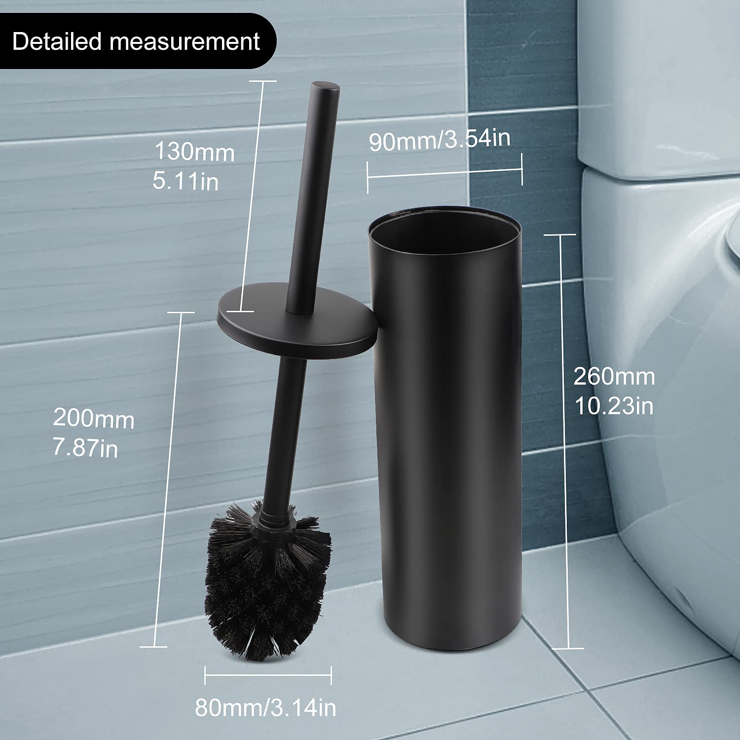 EXLECO 2Pcs Escobillas de Baño Pared, Autoadhesivo Acero INOX Escobillero para WC con Mango Largo, Protección contra Salpicaduras y 2 Cepillo (Mate Negro)