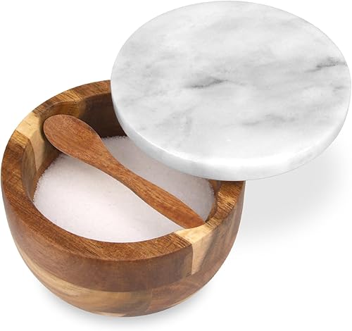 Caja de Salero con Tapa y Cuchara, Recipiente Moderno de Piedra Blanca para Sal o Pimienta, Azúcar, Especias y Condimentos, Envase para Tarro de