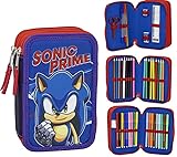 Estuche de 3 Compartimentos de Sonic - Color Azul - 12,5x6,5x19,5 cm - Fabricado con 100% Poliéster - Cierre de Cremallera - Incluye Accesorios - Producto Original Diseñado en España