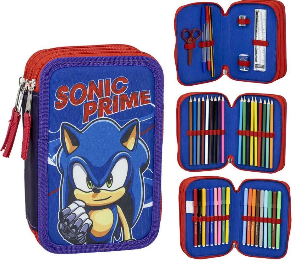 Estuche de 3 Compartimentos de Sonic - Color Azul - 12,5x6,5x19,5 cm - Fabricado con 100% Poliéster - Cierre de Cremallera - Incluye Accesorios - Producto Original Diseñado en España