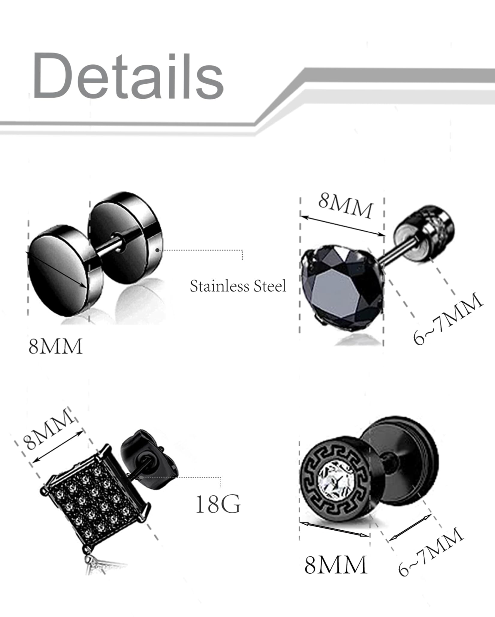 12 Pairs Stainless Steel Stud Earrings Cubic Zirconia Cartilage Barbell Earring Set for Men Women Black Silver Tone 8mm