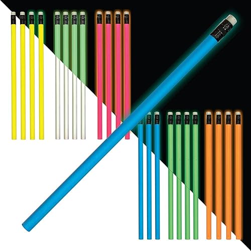 Nite Glow - Lápices que brillan en la oscuridad, barril y borrador que brillan en la oscuridad, juego de 24 unidades, fabricados en los Estados