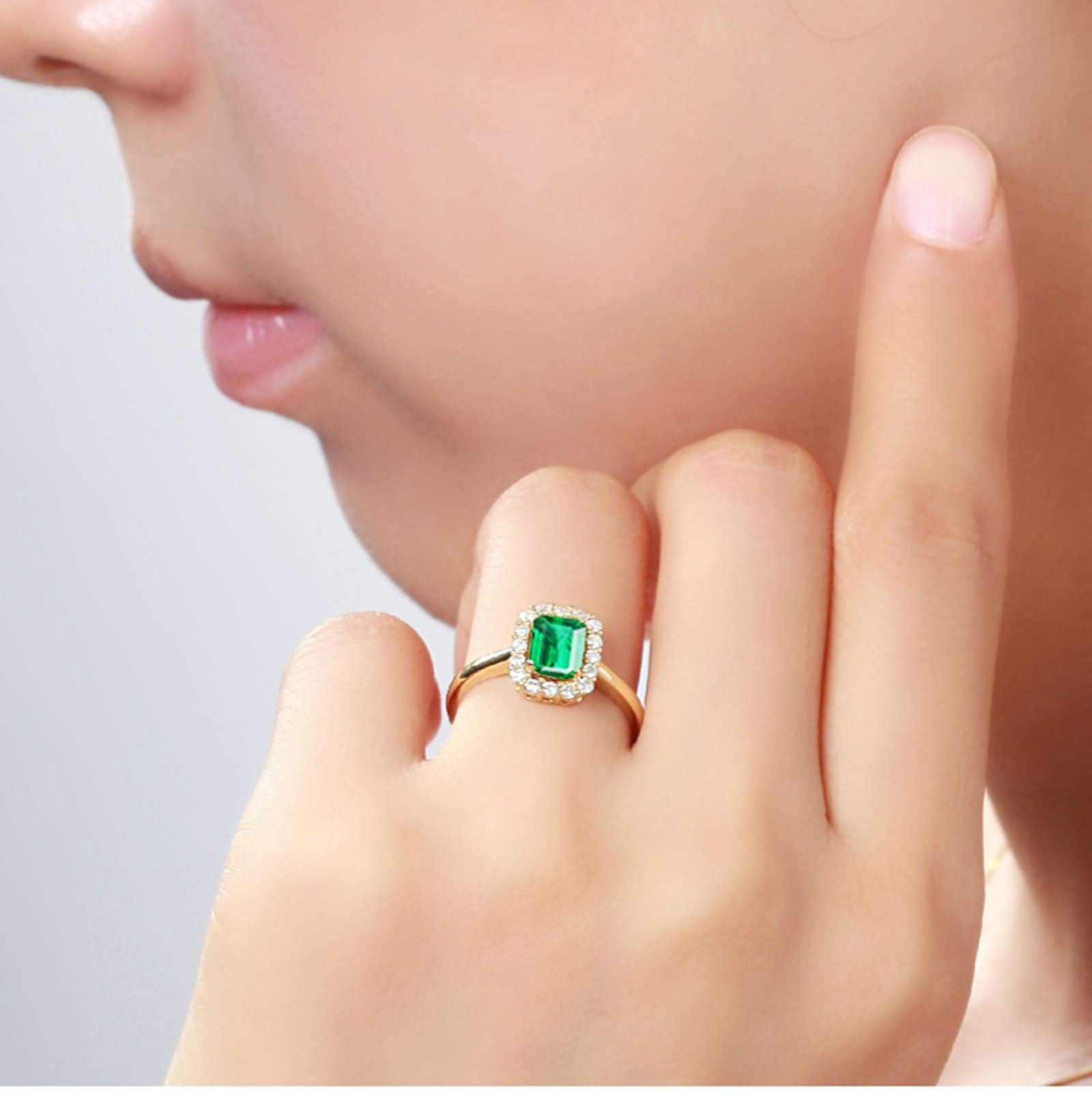 Daesar Anillos de Mujer de Matrimonio con Rectángulo con Esmeralda Creada y Moissanita, Oro Amarillo 9K/14K/18K, Anillo Prometida Oro Verde