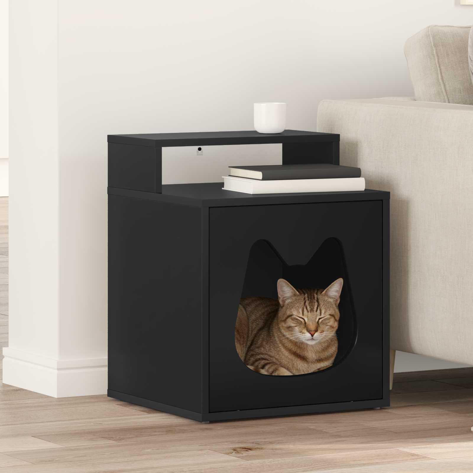 Katzenhaus Schwarz 42,5 x40 x 53,5 cm - Moderne Katzenhöhle aus Holzwerkstoff für drinnen, Katzenhütte und gemütlicher Rückzugsort für das Wohnzimmer