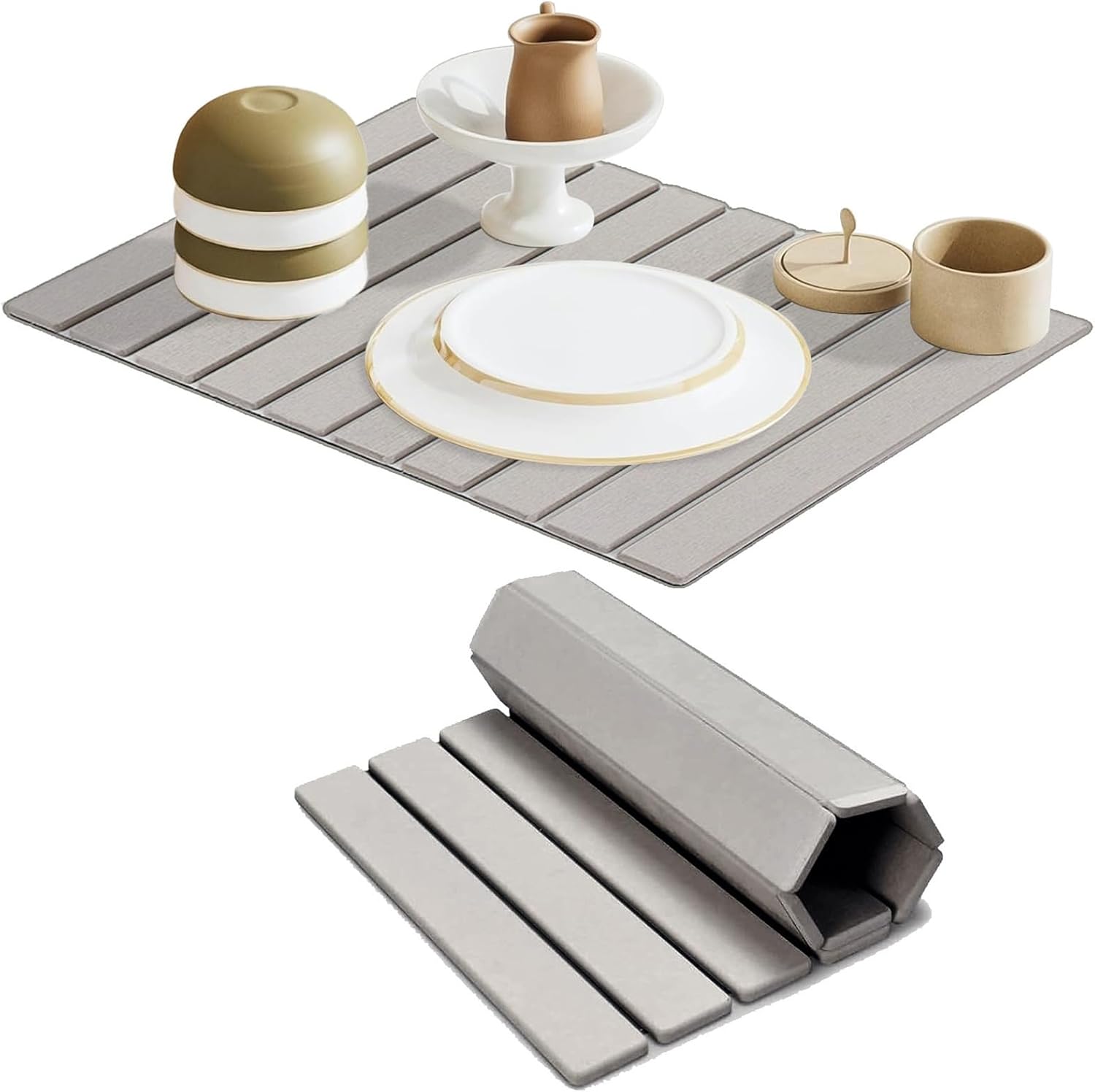 Large Stone Dish Drying Mat for Kitchen Counter, 24"(L)×16"(W) Collapsible Kitchen Dish Drying Mat, Absorbent Quick Dry Diatomaceous Earth, for Dishes Bottles Cups, Match Any Countertop