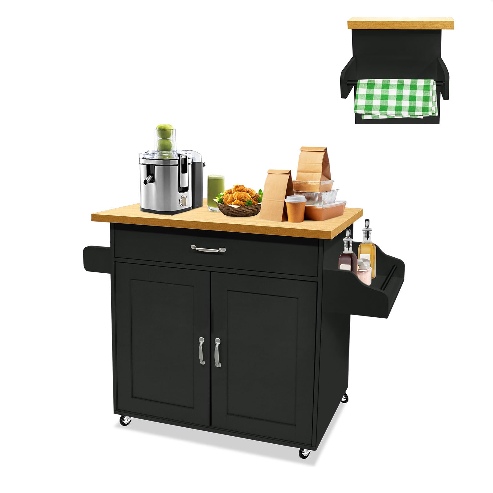 LZQ Chariot de cuisine avec plan de travail Mobilier de cuisine mobile Îlot de cuisine Roulable, chariot de cuisine, chariot de service 115x36x90cm Noir