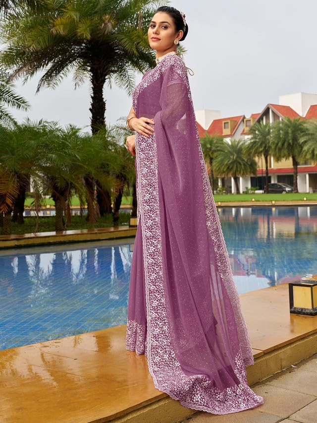 Satrani Women's Chiffon Embroidery & Stone Work Saree With Unstitched Blouse Piece (3352S209N_Dark Mauve Purple)