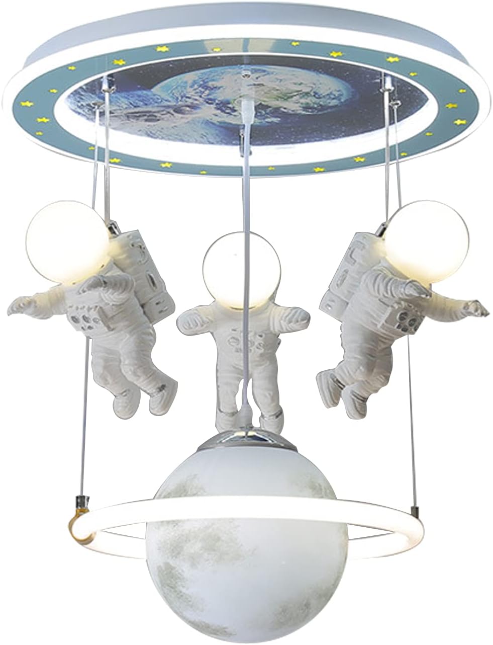 Cartoon Spaceship Astronaut Ceiling Light Astronaut Moon Landing Ceiling Light Modern Cartoon Blue Planet Astronaut Moon Landing Head Glowing Spaceman Planet Decoration Chandelier Children's Room